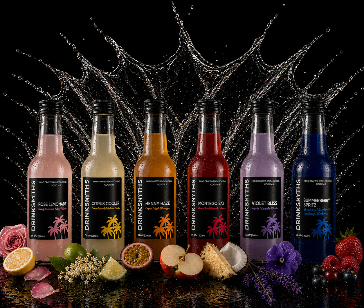 Assorted bottles of DrinkSmyths drinks with colorful labels on a dark background with splashes.