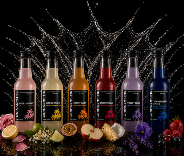 Assorted bottles of DrinkSmyths drinks with colorful labels on a dark background with splashes.